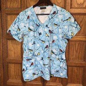 Cherokee Winter Birds Blue  Wrap Top Women's L Cotton Poly Scrubs Loops Pockets